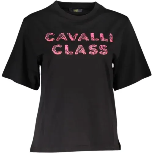 Elegantes schwarzes Baumwoll-T-Shirt mit Signature-Print , Damen, Größe: S - Cavalli Class - Modalova