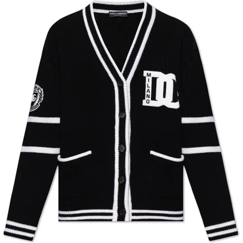 Cardigans, male, , Size: M Wool cardigan with logo - Dolce & Gabbana - Modalova