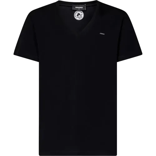 V-Neck T-Shirt with Logo Plate , male, Sizes: L, 2XL, S, XL - Dsquared2 - Modalova