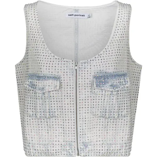 Rhinestone Embellished Denim Top , Damen, Größe: M - Self Portrait - Modalova