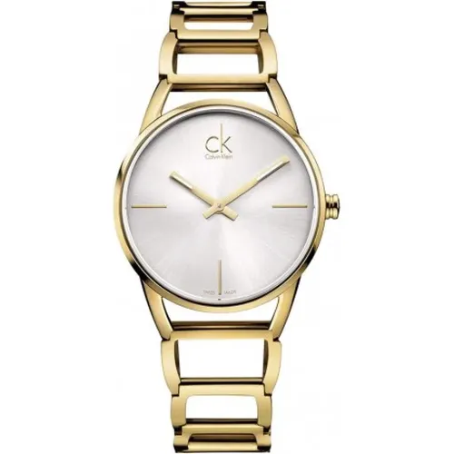 Watches, female, , Size: ONE SIZE Stately Quartz Watch with White Dial and Gold Steel Strap - Calvin Klein - Modalova