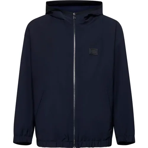 Zip-throughs, male, , Size: M Blue Hooded Wool Blend Coat - Dolce & Gabbana - Modalova