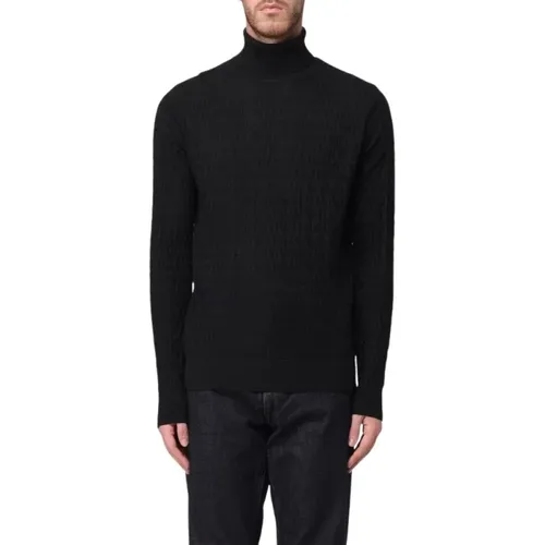 Turtlenecks, male, , Size: M Wool Turtleneck Sweater with Devoré Lettering - Emporio Armani - Modalova