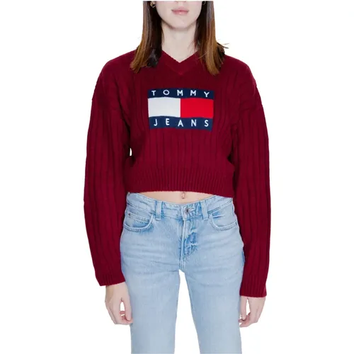 Bordeaux Strick V-Ausschnitt Pullover , Damen, Größe: L - Tommy Hilfiger - Modalova