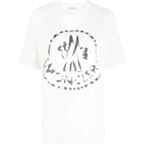 Weiße T-Shirt mit geripptem Rundhalsschnitt für Frauen - Moncler - Modalova
