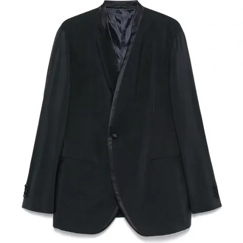 Blazers, male, , Size: L Navy Double-Breasted Jacket - Giorgio Armani - Modalova