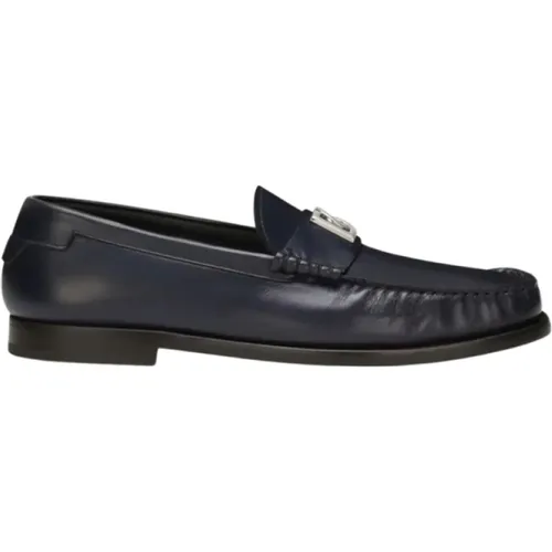 Navy Leather Logo Plaque Loafers , male, Sizes: 8 UK, 7 UK, 6 UK - Dolce & Gabbana - Modalova