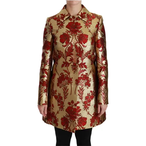 Single-Breasted Coats, female, , Size: XS Elegant Red Gold Floral Brocade Cape Coat - Dolce & Gabbana - Modalova