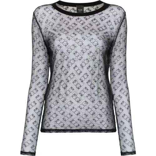 Lace Sheer Monogram Crew Neck Top , female, Sizes: S, XS, 2XS - pinko - Modalova