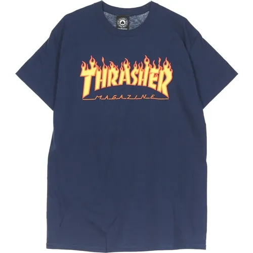 T-Shirts, male, , Size: M Flame Tee Navy/Yellow Mens T-Shirt - Thrasher - Modalova