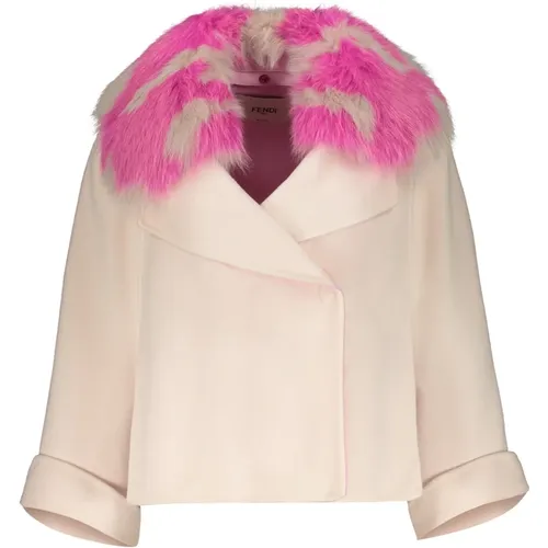 Faux Fur & Shearling Jackets, female, , Size: M Cashmere Cape Coat with Fox Fur - Fendi - Modalova