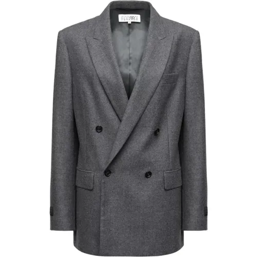 Blazers, female, , Size: XS Grey Double-Breasted Jacket with Pockets - MM6 Maison Margiela - Modalova