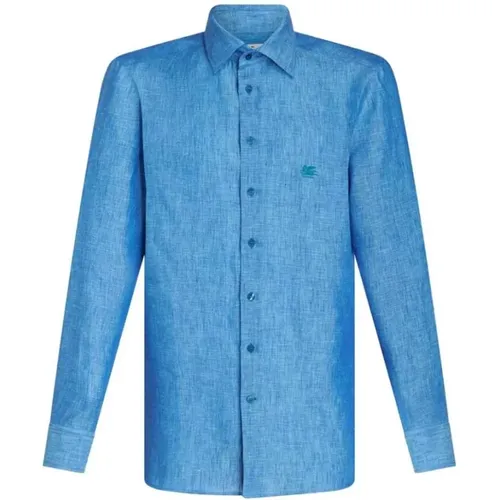 Blaues Leinenhemd mit Pegaso-Motiv - ETRO - Modalova