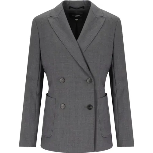 Blazers, female, , Size: M Grey Wool Double-Breasted Blazer Ornati - Weekend Max Mara - Modalova