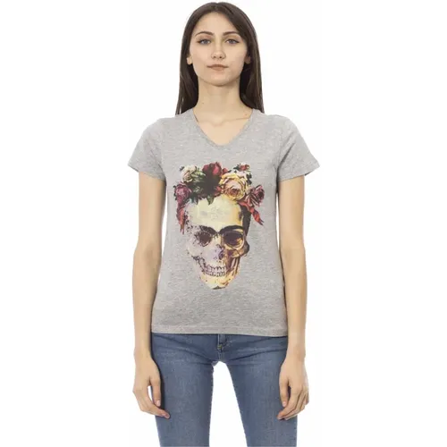 Kurzarm V-Ausschnitt T-Shirt mit Frontdruck , Damen, Größe: L - Trussardi - Modalova