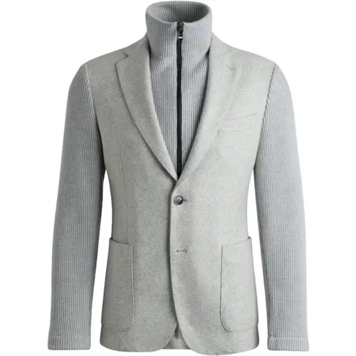 Blazers, male, , Size: L Grey Hybrid Ribbed Knit Jacket - Hugo Boss - Modalova