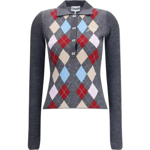 Round-neck Knitwear, female, , Size: S Rhombus Print Polo Sweater - Ganni - Modalova