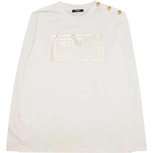 Kinder Baumwoll T-Shirt in Elfenbein und Gold - Balmain - Modalova