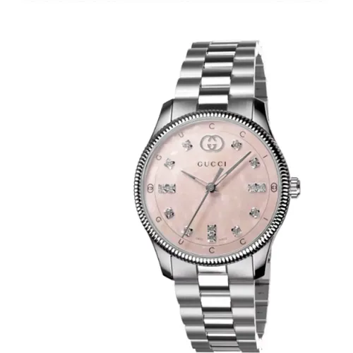 G-Timeless 29 mm stainless steel case, mother of pearl dial with and lettering, diamond indexes, stainless steel bracelet , female, Sizes: ONE SIZE - Gucci - Modalova