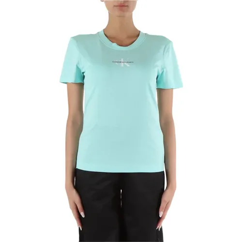Slim Fit Baumwoll T-shirt mit Logo Stickerei , Damen, Größe: S - Calvin Klein Jeans - Modalova