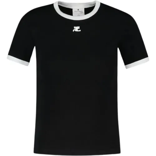 Kontrast T-Shirt - Baumwolle - Schwarz , Damen, Größe: L - Courrèges - Modalova