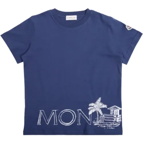 Blaues Logo Print Baumwoll T-Shirt - Moncler - Modalova