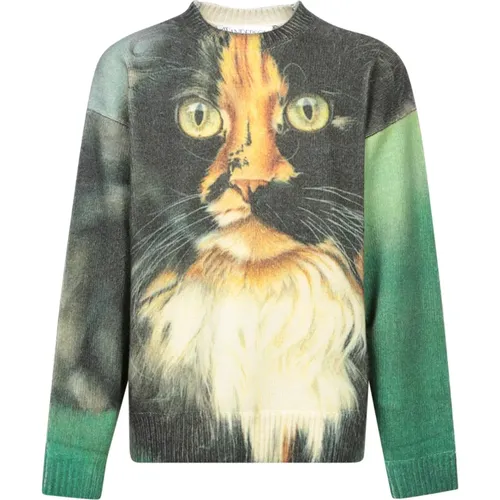 Round-neck Knitwear, male, , Size: S Green Cat Print Knit Sweater - JW Anderson - Modalova