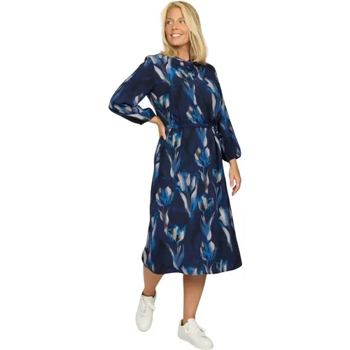 Marineblaues Blumenkleid mit 3/4 Ärmeln , Damen, Größe: L - 2-Biz - Modalova