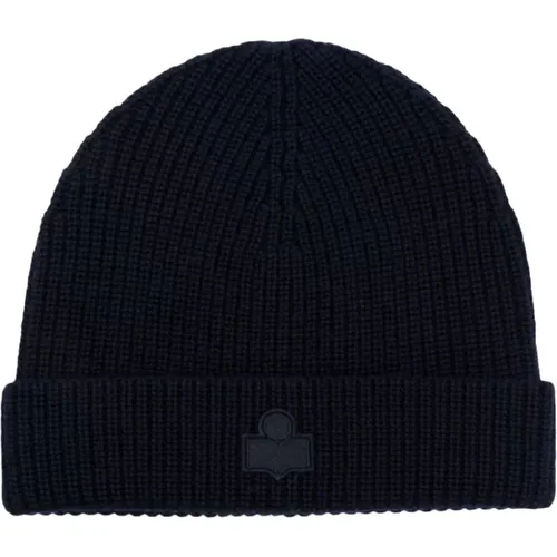 Beanies, male, , Size: ONE SIZE Merino Wool Night Blue Hat with Logo Patch - Isabel marant - Modalova