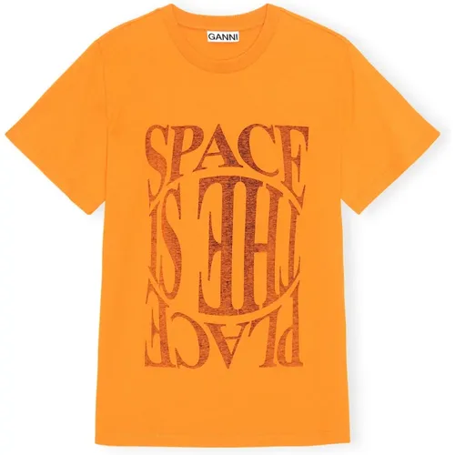 Space Text Print Cotton T-Shirt , Damen, Größe: S - Ganni - Modalova