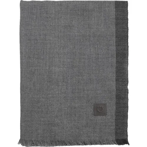 Winter Scarves, male, , Size: ONE SIZE Grey Herringbone Cashmere Silk Scarf - Salvatore Ferragamo - Modalova