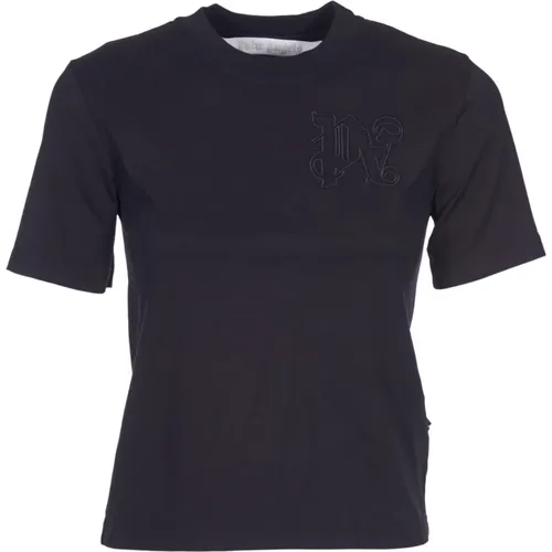 Schwarzes Monogramm Baumwoll-T-Shirt , Damen, Größe: M - Palm Angels - Modalova