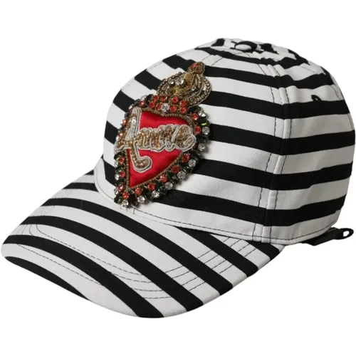 Caps, female, , Size: 57 CM Black White Striped Amore Heart Baseball Cap - Dolce & Gabbana - Modalova