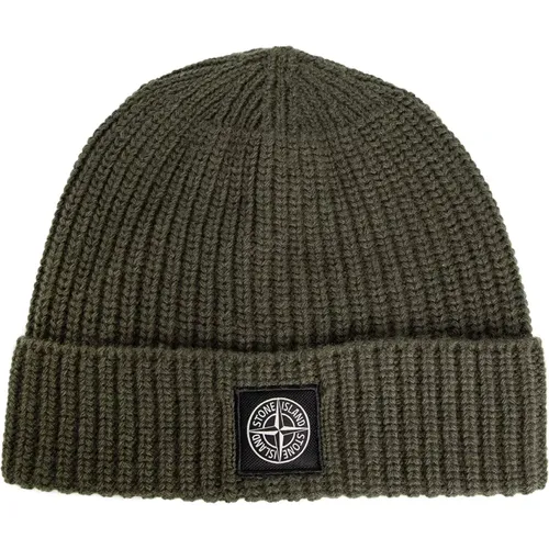 Beanies, male, , Size: ONE SIZE Military Wool Ribbed-Knit Beanie - Stone Island - Modalova