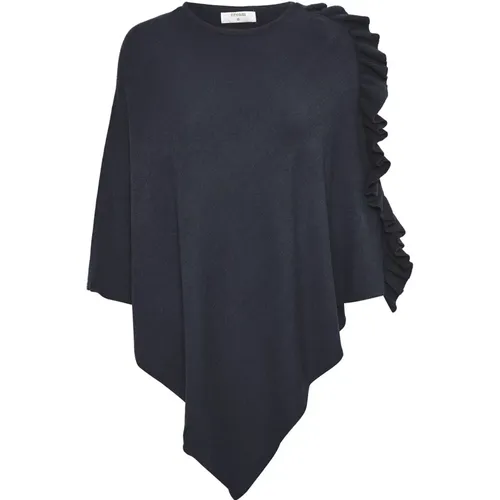 Navy Poncho with Ruffle Detail , female, Sizes: ONE SIZE - Cream - Modalova