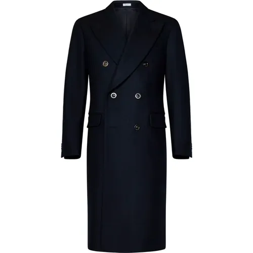 Double-Breasted Coats, male, , Size: M Blue Double-Breasted Wool Cashmere Coat - Boglioli - Modalova