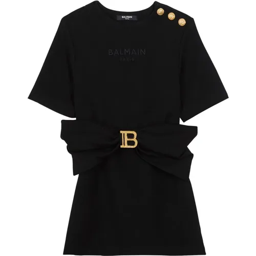 B T-Shirt-Kleid,Schwarzes T-Shirt Stil Kleid mit Gold Details - Balmain - Modalova