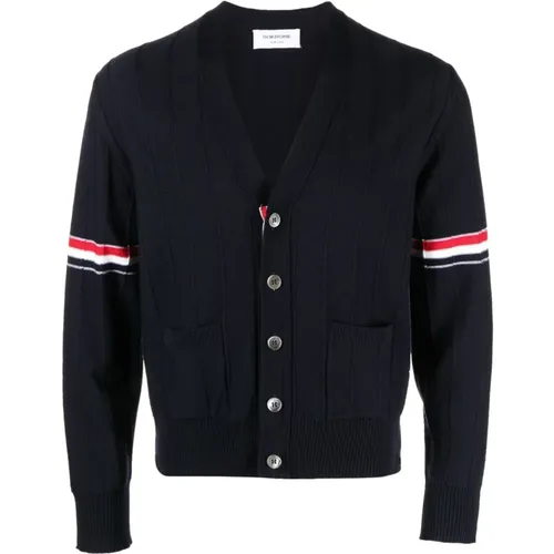 Cardigans, male, , Size: S RWB Stripe V-neck Cardigan - Thom Browne - Modalova