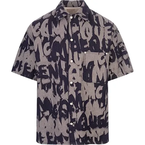 Short Sleeve Shirts, male, , Size: M Indigo Denim Hawaiian Shirt with Graffiti Pattern - alexander mcqueen - Modalova