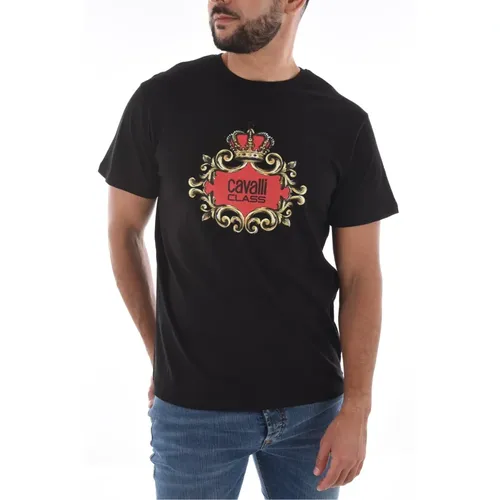 Schwarzes Logo T-Shirt 100% Baumwolle , Herren, Größe: S - Cavalli Class - Modalova