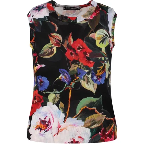 Silk tank top with rose garden print: , female, Sizes: XS - Dolce & Gabbana - Modalova