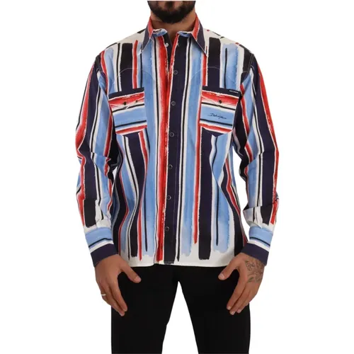 Casual Shirts, male, , Size: L Blue Red Striped Long Sleeve Shirt - Dolce & Gabbana - Modalova