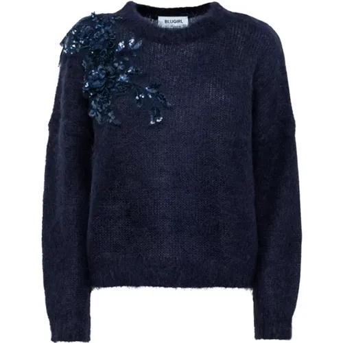 Round-neck Knitwear, female, , Size: M Sequin Embroidered Crewneck Sweater - Blugirl - Modalova