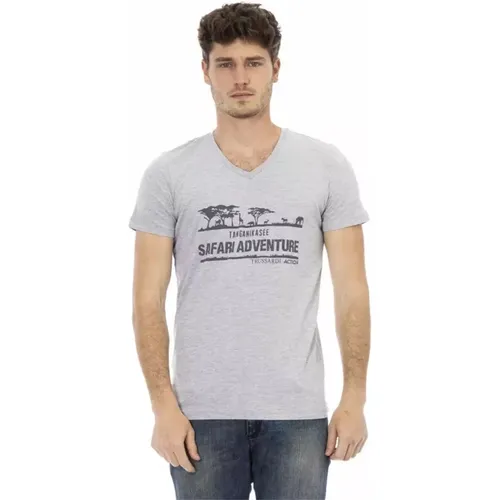 Schickes V-Ausschnitt T-Shirt mit Frontprint in Grau , Herren, Größe: L - Trussardi - Modalova