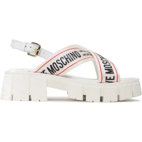 Flat Sandals, female, , Size: 8 US Sandal with Ribbon Straps and Logo Lettering - Love Moschino - Modalova