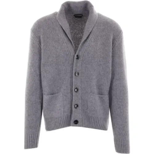 Cashmere Knitwear, male, , Size: M Cashmere Silk Grey Cardigan Sweater - Tom Ford - Modalova