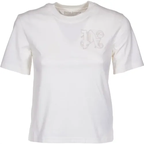 Embroidered Monogram T-shirt Beige , female, Sizes: XS, M - Palm Angels - Modalova