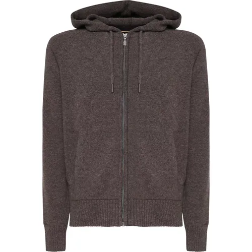 Zip-throughs, male, , Size: S Dark Wool Hooded Zip Sweater - K-way - Modalova