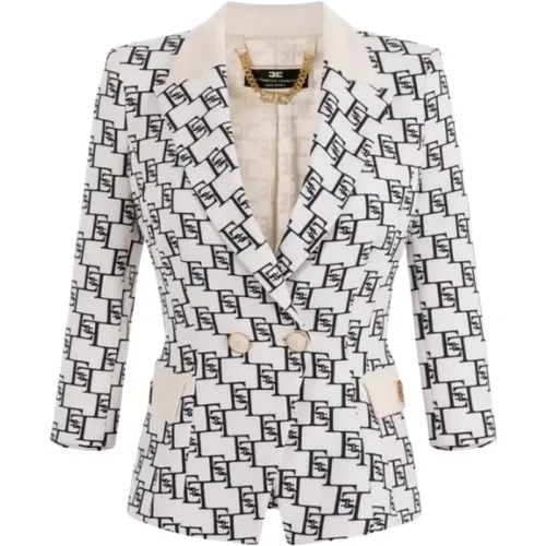 Logo-print Double-breasted Jacket with Contrasting Flap Pockets , female, Sizes: S - Elisabetta Franchi - Modalova