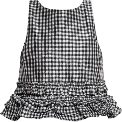 Sleeveless Tops, female, , Size: M Crinkled Check Frill Top - Ganni - Modalova